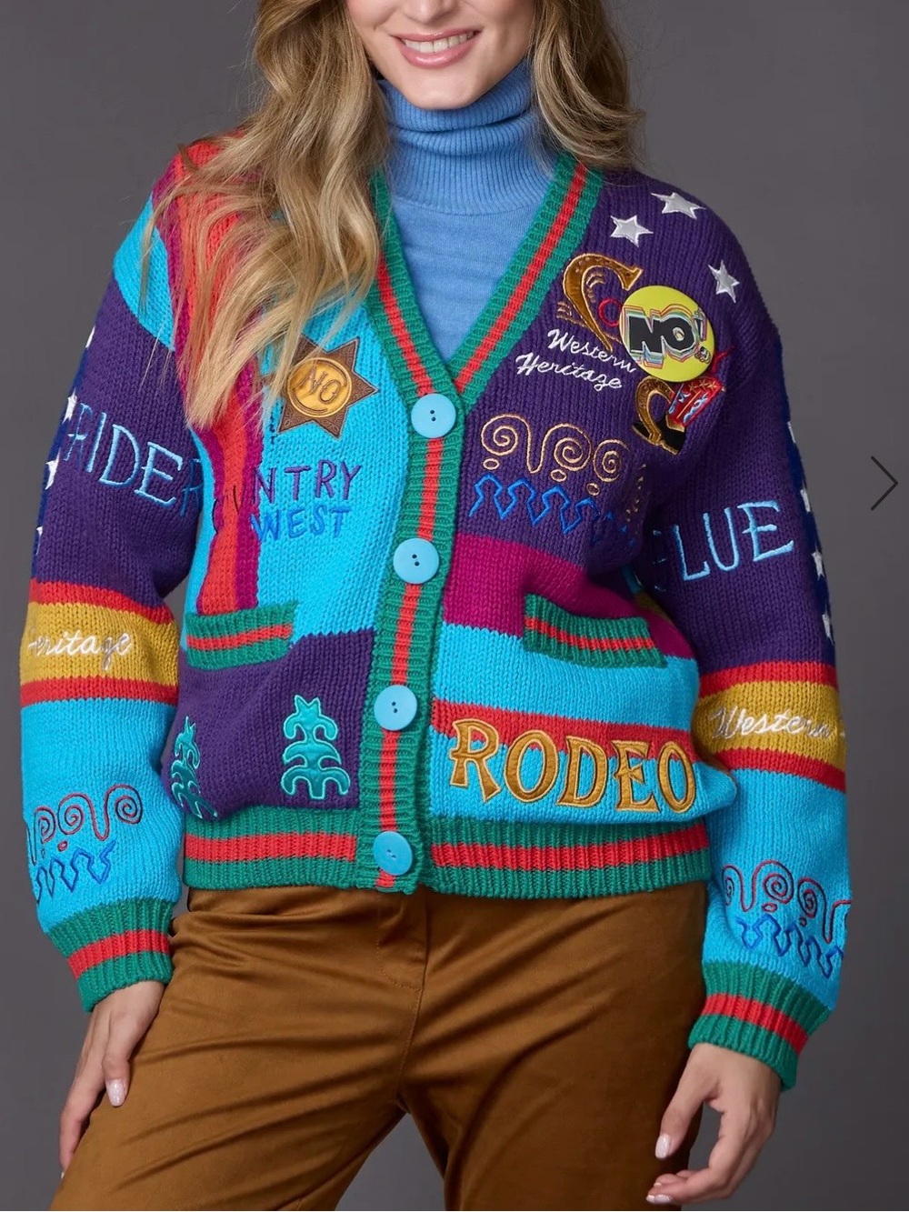 Colorful Patchwork Rodeo Cardigan Sweater - Turquoise & Purple - Picture 4 of 16